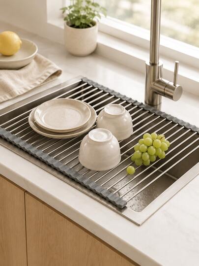 Madebyblanc 1Pc Foldable Stainless Steel Roll-Up Dish Drying Rack, Over Sink Drainer Mat, Kitchen Sink Storage Shelf, Countertop Organizer For Dishes, Cups, Fruits & Vegetables, Heat-Resistant Space Saving Rack, Eid Al-Adha & Father's Day Gift