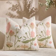 Cirelle 1pc/2pcs Boho Embroidered Throw Pillow Covers, Pastel Wildflower Botanical Cushion Case, Textured Boucle Floral Pillowcase For Sofa Couch Bedroom (No Insert) - Pink - View 8