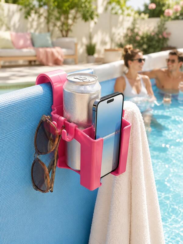 Zazumi Poolside Cup Holder Rack, Multifunction Pool Caddy & Towel Hook, Clip On Drink Holder Shelf For Swimming Pool, Patio, Backyard, Hot Tub, Summer Party, Beach Vacation & Outdoor Storage