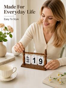 Zazumi 1pc 23cm Vintage Wooden Flip Perpetual Calendar, Simple Desktop Date Display Ornament, Manual Desk Calendar Photo Prop For Home, Office, Study Room, Dorm, Bookshelf Decor & Gift - multicolor - View 6