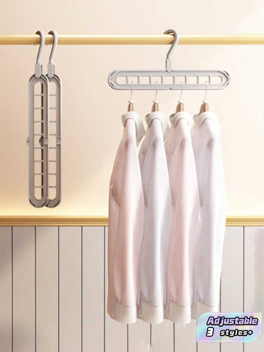 9-Hole Adjustable Foldable Clothes Hanger, Non-Slip Space-Saving Collapsible Garment Storage Rack In Solid Gray One Size Fits All, Ideal Wardrobe Organizer For Bedroom, Apartment, Dorm & Daily Family Clothing Arrangement - Grey - View 1