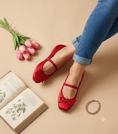 Balerinas rojas estilo Mary Jane con punta cuadrada y lazo elegante, balerinas ideales para tus looks en oficina para usarlos todo el día, balerinas que destacan en cualquier lugar