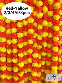 [2/3/4/6/8 Pieces] 5ft Artificial Marigold Garland, Red And Yellow, Suitable For Diwali, Weddings, Home Decoration - Red Yellow - View 1