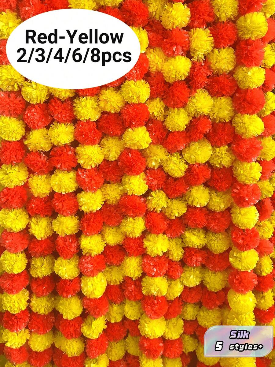 [2/3/4/6/8 Pieces] 5ft Artificial Marigold Garland, Red And Yellow, Suitable For Diwali, Weddings, Home Decoration - Red Yellow - View 1