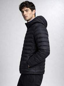 Chamarra Afelpada Con Capucha Desmontable Interior Afelpado Casual Uso Diario Básica Para Caballero  Otoño Invierno Ligera Cómoda Con Bolsillos Con Cierre - Negro - Ver 3
