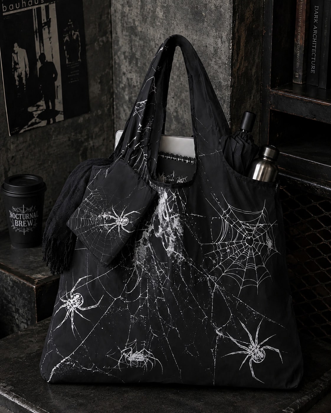 Grunge Punk Fashionable Minimalist Cobweb & Spider Print Foldable Large Capacity Tote Bag With Coin Purse, 1080122