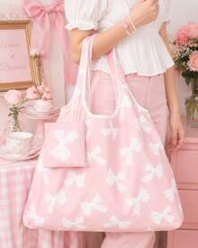 ROMWE Kawaii Bolsa de almacenamiento con estampado de lazos en todo el diseño, bolsa de compras plegable de gran capacidad y portátil con monedero - Rosado Sandía - Ver 6