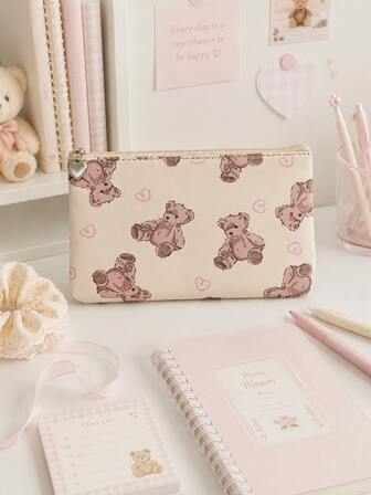 Kawaii Cartoon Cute Full Version Of Love Bear Pattern Portable Spacious Cosmetic Bag Women's Clutch Bag 385612