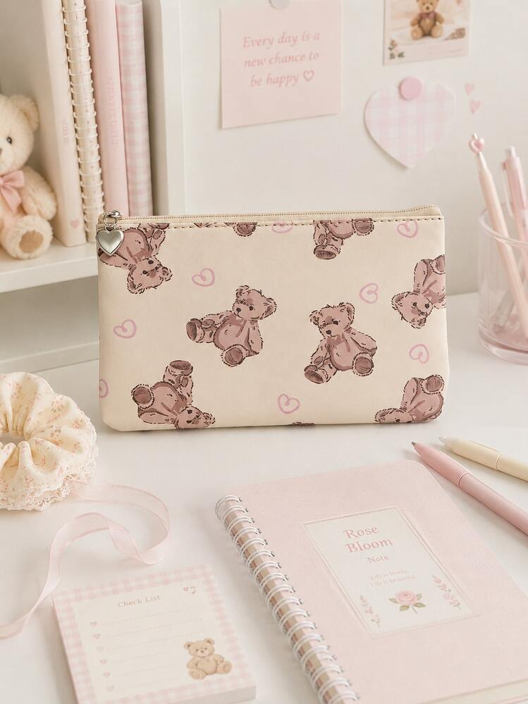 ROMWE Kawaii Bolsa de cosméticos portátil y espaciosa con diseño de oso de amor de dibujos animados, bolso de embrague para mujer 385612 - Oso de amor - Añade 4