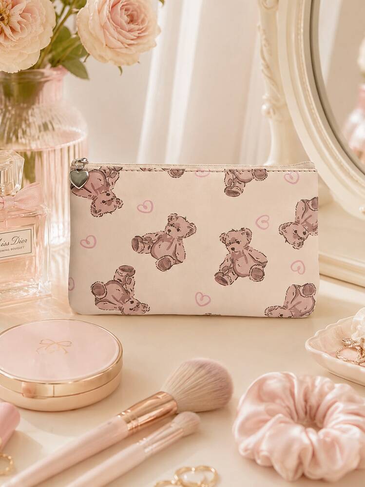 ROMWE Kawaii Bolsa de cosméticos portátil y espaciosa con diseño de oso de amor de dibujos animados, bolso de embrague para mujer 385612 - Oso de amor - Añade 7