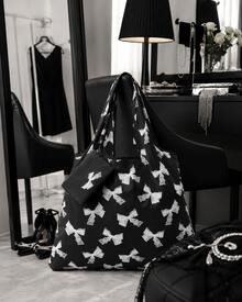 ROMWE Kawaii Bolsa de almacenamiento con estampado de lazos de moda, bolsa de compras plegable portátil de gran capacidad con monedero - Multicolor - Ver 9
