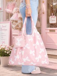 ROMWE Kawaii Bolsa de almacenamiento con estampado de lazos en todo el diseño, bolsa de compras plegable de gran capacidad y portátil con monedero - Rosado Sandía - Ver 7