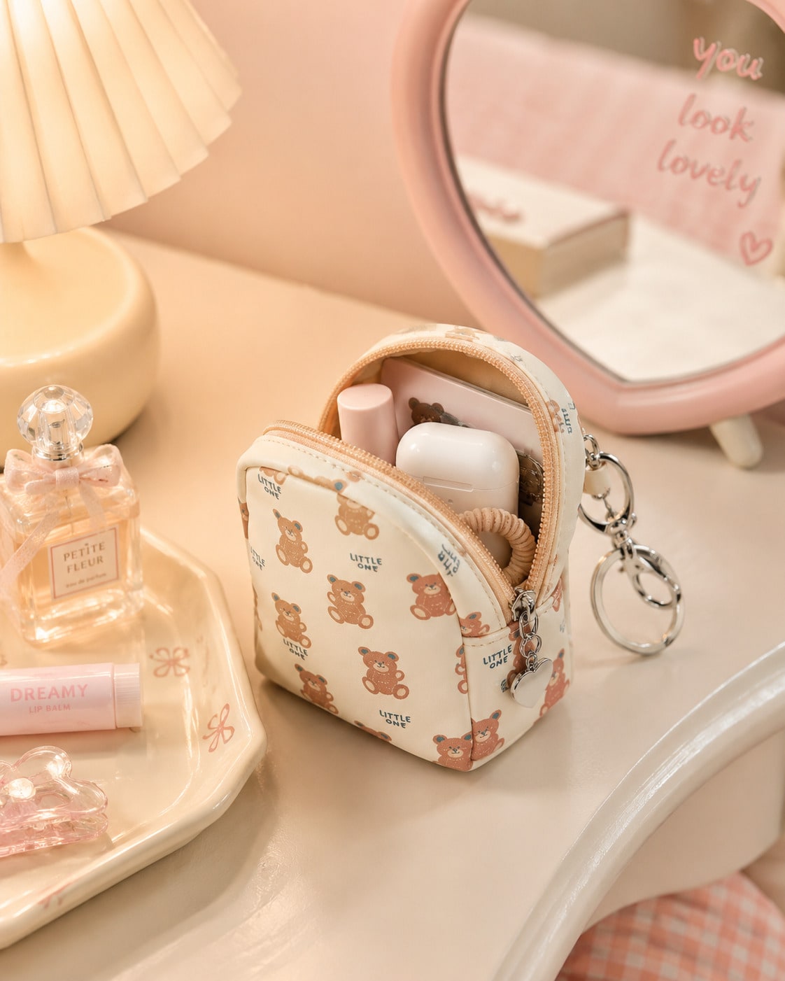 Kawaii Bolsa de Monedas Portátil con Impresión de Patrón de Oso Versión Completa de Gran Capacidad Llavero 826098