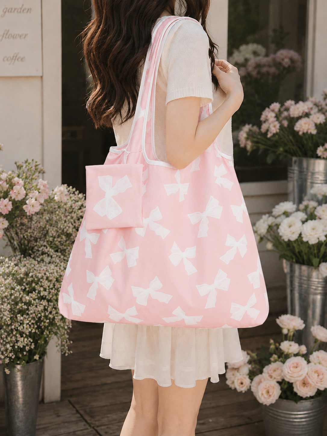 Kawaii Fashion All-Over Bow Pattern Storage Bag, Large Capacity Portable Foldable Shopping Tote Bag With Coin Purse