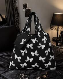 ROMWE Kawaii Bolsa de almacenamiento con estampado de lazos de moda, bolsa de compras plegable portátil de gran capacidad con monedero - Multicolor - Ver 11
