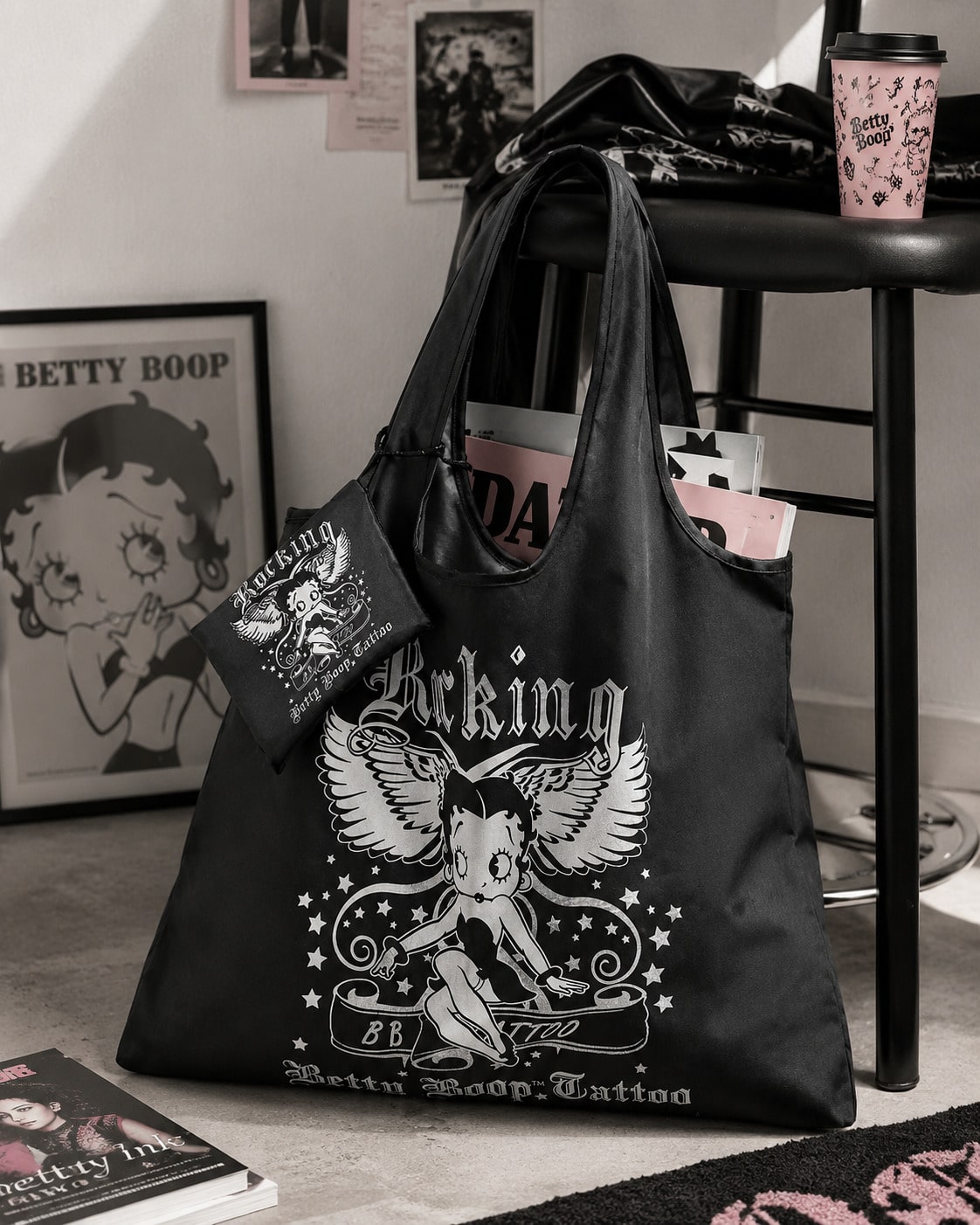 Betty Boop | ROMWE حقيبة تسوق كبيرة قابلة للطي بطراز الشارع الرجعي مع نمط شخصية الكرتون بيتي بوب