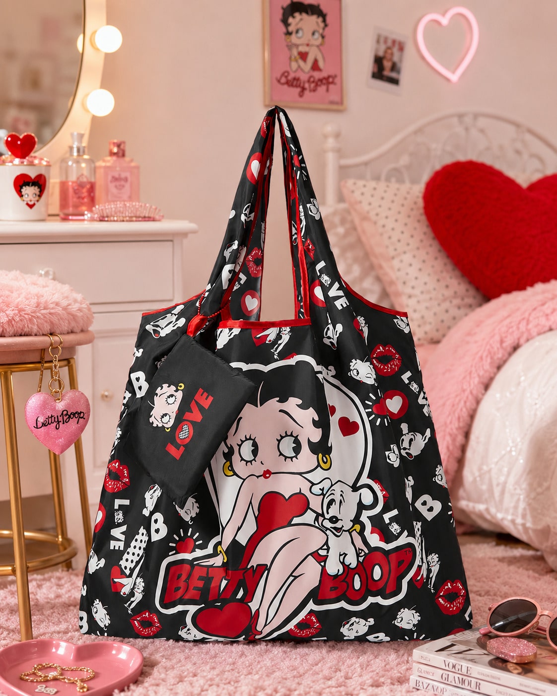 Betty Boop | ROMWE Bolsa de almacenamiento dulce y linda con dibujo animado, gran capacidad, bolsa de mano plegable portátil para compras con monedero