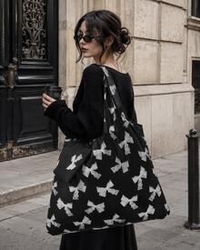 ROMWE Kawaii Bolsa de almacenamiento con estampado de lazos de moda, bolsa de compras plegable portátil de gran capacidad con monedero - Multicolor - Ver 7