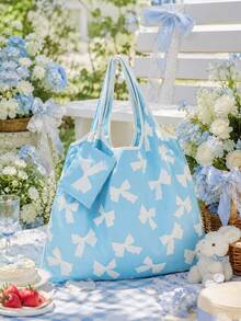 ROMWE Kawaii Bolsa de almacenamiento con estampado de lazos en toda la superficie, bolsa de compras plegable portátil de gran capacidad con monedero - Azul y blanco - Ver 6