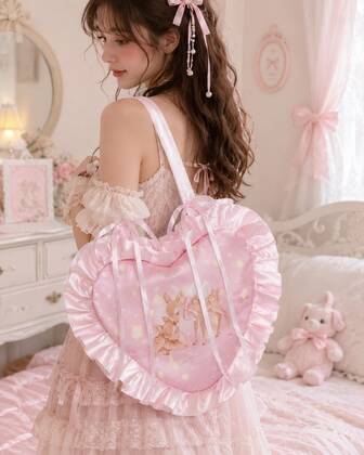 Kawaii Niedliche Schleife Katzen- & Herz-Muster Ballett-Spitze Große Kapazität Tragetasche, Damen Schultertasche 999058, Niedliche Schleife Tasche für Damen