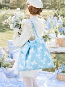 ROMWE Kawaii Bolsa de almacenamiento con estampado de lazos en toda la superficie, bolsa de compras plegable portátil de gran capacidad con monedero - Azul y blanco - Ver 4