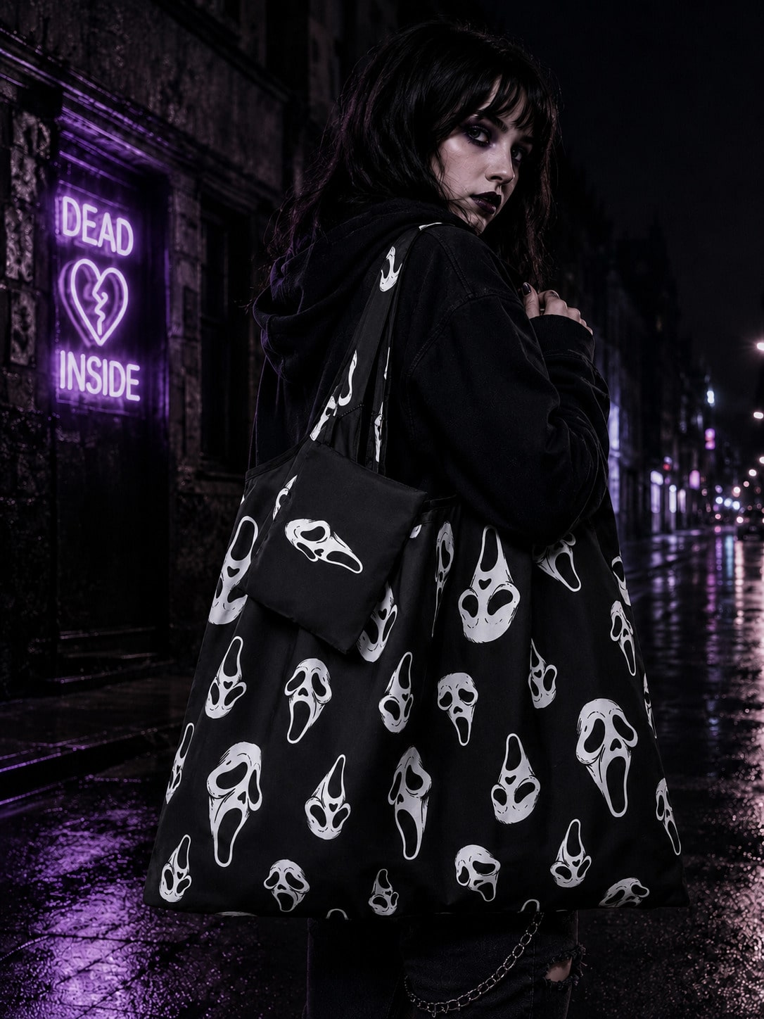 Goth Borsa tote pieghevole di grande capacità con motivo all-over di cuori & note musicali alla moda, con portamonete, borsa per la spesa portatile