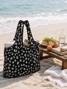 1pc Foldable Shoulder Tote Bag, Daisy Print Portable Shopping Bag, Reusable Large Capacity Bag - Multicolor - View 2