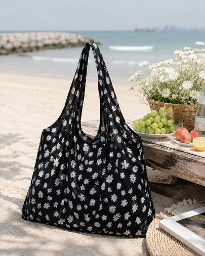 1pc Foldable Shoulder Tote Bag, Daisy Print Portable Shopping Bag, Reusable Large Capacity Bag