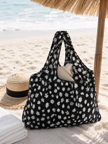 1pc Foldable Shoulder Tote Bag, Daisy Print Portable Shopping Bag, Reusable Large Capacity Bag - Multicolor - View 1