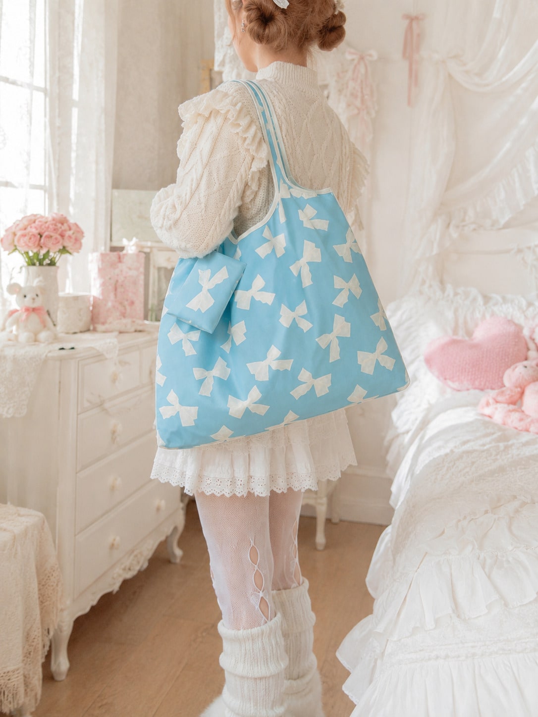 Kawaii Borsa portaoggetti con motivo fiocco su tutta la superficie, borsa shopping pieghevole portatile di grande capacità con portamonete