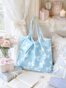 ROMWE Kawaii Bolsa de almacenamiento con estampado de lazos en toda la superficie, bolsa de compras plegable portátil de gran capacidad con monedero - Azul y blanco - Ver 7