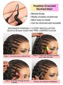 Boho Braids Miracle Knots Crochet Human Hair 100% Remy Burmese Curl Feather Line Crochet Hair Braids Salon Silky Seamless Invisible Solid Color 30# Feather Crochet Human Hair Braiding For Women Micro Pre Looped Burmese Curly Extensions - S30# - View 5
