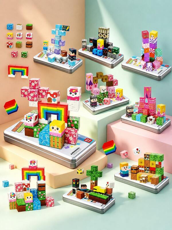 MINKOJA 2CM-27PCS Magnetic Cube Building Blocks, 8 Styles Optional With Iron Storage Box, Colorful Pattern Magnet Blocks For DIY Scene Construction, Suitable For Kids Daily Play & Birthday Gifts, Back To School