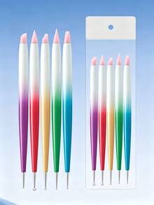 Juego de 5 pinceles de arte de uñas con degradado de doble extremo, punta de silicona y bolígrafo de puntos para manicura, tallado, relieve y decoración de uñas - Rosa - Ver 11