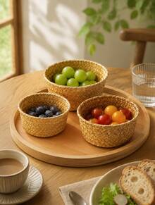 1 buah Baki Buah Anyaman Rotan Bulat Kuning Ukuran 7,5/8,6/10 Inci - Tahan Lama, Tahan Air & Buatan Tangan. Keranjang Sajian Elegan untuk Permen, Camilan, Kopi, Roti & Pesta - Kuning - View 3