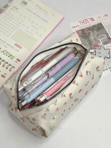1PC Canvas Pencil Case Floral Pattern Sweet Cute Design Multi Compartment Large Capacity Stationery Organizer Pouch With Zipper Closure For School Office Supplies Home Use Organizer Gift - Single Piece - View 6