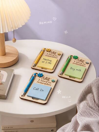 superFUNNYmarket 1Pc Funny Wooden Sticky Note Holder With Pen Slot, " I Need To Remember" Engraved Desk Memo Pad Stand, Cute Flower Decor Desktop Organizer For Office, School, Home & Workspace, Perfect Holiday & Birthday Gift, 3 Colors Available