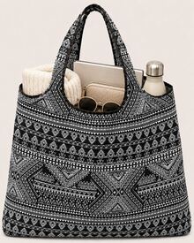 alta capacidad con patrón geométrico portátil plegable Bolsa de compra , Bolsa de playa , Yoga Bolso - Blanco y Negro - Ver 8