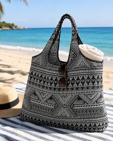 alta capacidad con patrón geométrico portátil plegable Bolsa de compra , Bolsa de playa , Yoga Bolso - Blanco y Negro - Ver 4