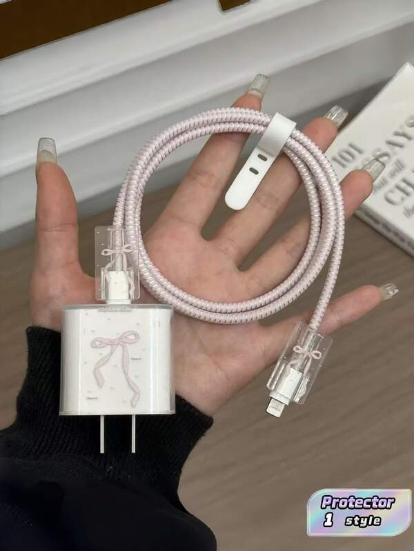 Cute Pink Bow Flower Butterfly Cable Protector Sleeves, Anti-Bending Soft Cord Cover
