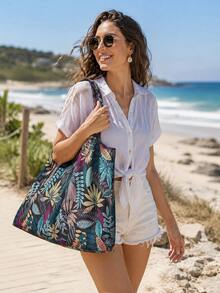 Plants Graphic Foldable Leaf Pattern Tote Bag, Large Capacity Shopping Bag Versatile Shoulder Bag School Bag,Back To School,Large Capacity,Portable,Classic Casual - Multicolor - View 4