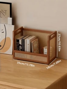 1 PC Natural Rattan Wicker Stackable Modular With Baffle Design Prevents Items From Slipping Sturdy Durable Rustic Brown Desktop Organizer Shelf For Home Office Dorm Living Room Bedroom Countertop Space - Multicolor - View 6