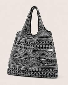 alta capacidad con patrón geométrico portátil plegable Bolsa de compra , Bolsa de playa , Yoga Bolso - Blanco y Negro - Ver 7