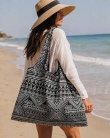 alta capacidad con patrón geométrico portátil plegable Bolsa de compra , Bolsa de playa , Yoga Bolso - Blanco y Negro - Ver 1