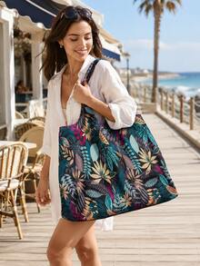 Plants Graphic Foldable Leaf Pattern Tote Bag, Large Capacity Shopping Bag Versatile Shoulder Bag School Bag,Back To School,Large Capacity,Portable,Classic Casual - Multicolor - View 5