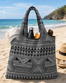 alta capacidad con patrón geométrico portátil plegable Bolsa de compra , Bolsa de playa , Yoga Bolso - Blanco y Negro - Ver 3