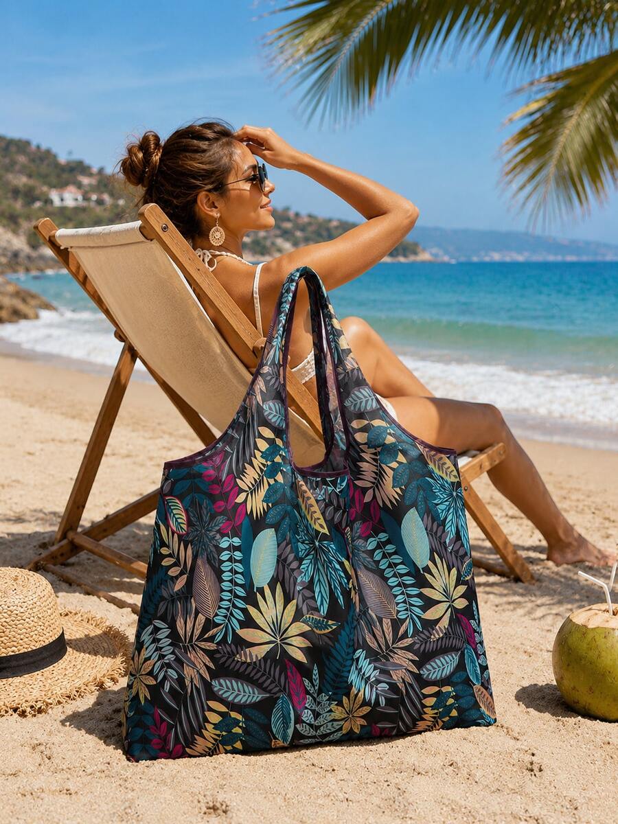 Plants Graphic Foldable Leaf Pattern Tote Bag, Large Capacity Shopping Bag Versatile Shoulder Bag School Bag,Back To School,Large Capacity,Portable,Classic Casual - Multicolor - View 1
