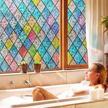 1 Roll Retro Diamond Window Decorative Privacy Film, Rainbow Grid Pattern, Non-Adhesive UV Blocking Static Cling Window Film, Suitable For Home Decor - multicolor - View 5
