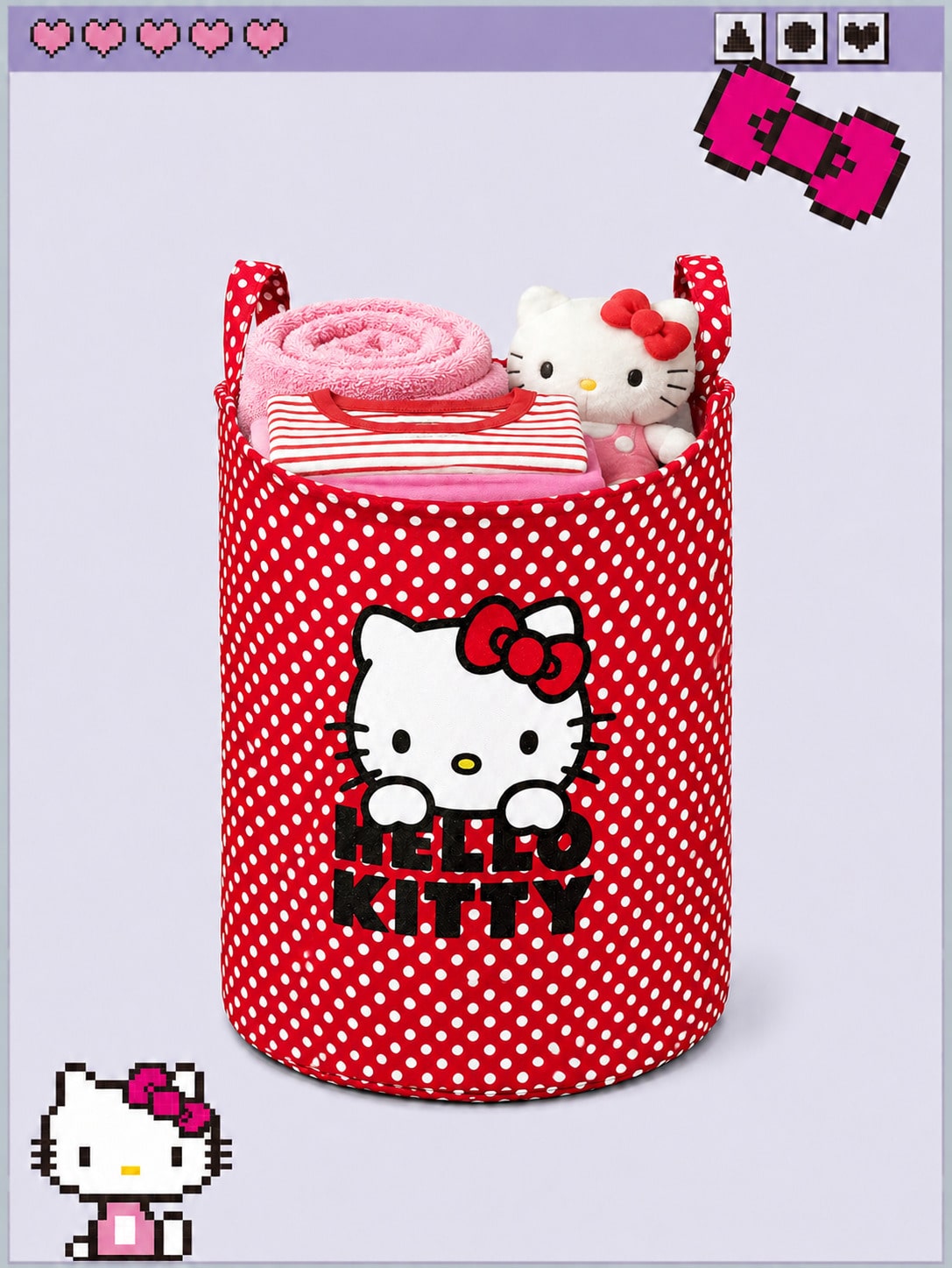 HELLO KITTY AND FRIENDS | ROMWE Scatola di Stoccaggio Grande Pieghevole con Motivo a Pois Rossi e Personaggio Cartone Animato