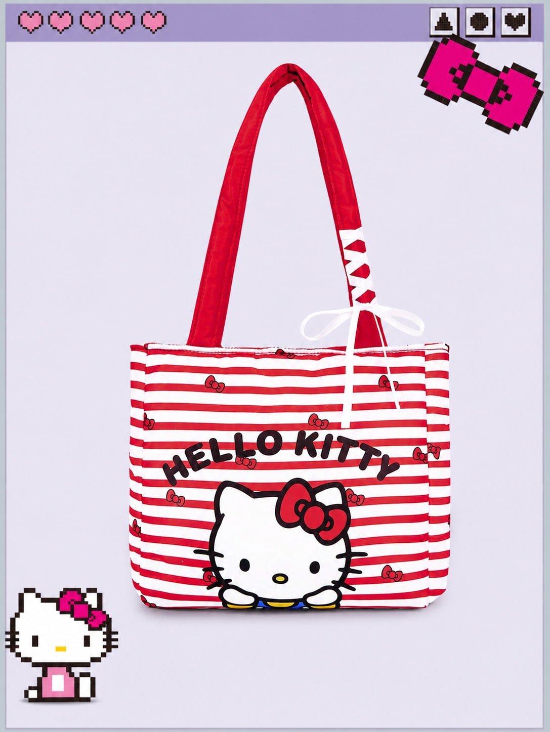 HELLO KITTY AND FRIENDS | ROMWE Mode Süß Rot und Weiß Schleife Gestreift Katie Weiß Cartoon Charakter Muster Große Kapazität Tragbare Damen Schulter Tasche
